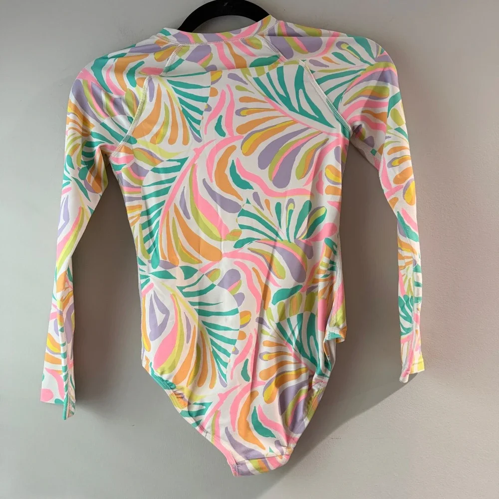 Old Navy Rash Guard One Piece Girls L 10-12 Multicolor Tropical Zip Excellent